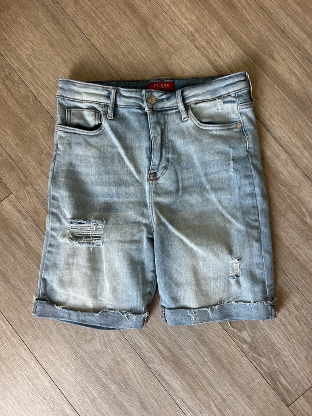 GUESS Light Blue Distressed Denim Bermuda Shorts